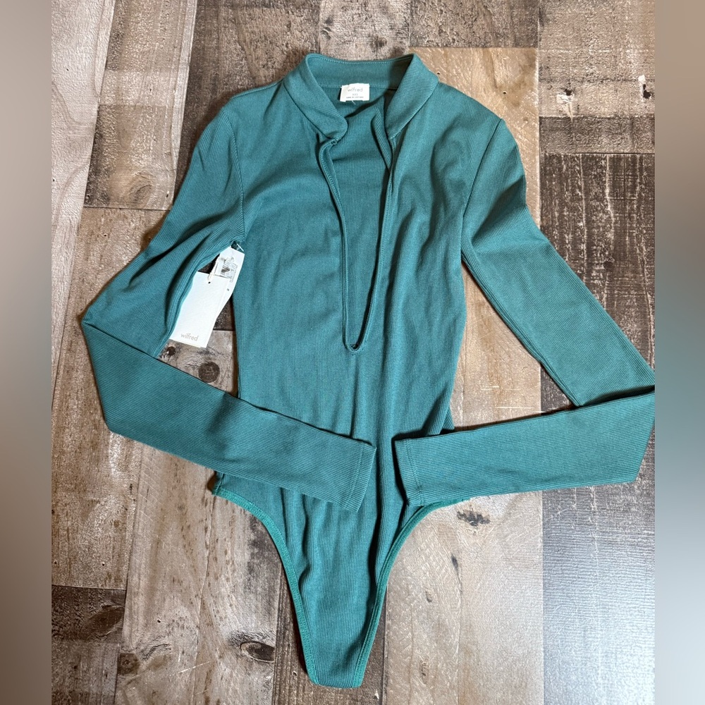 Wilfred Harlequin Ribbed Bodysuit Marine‎ Aqua Aritzia Minimalist XXS NWT